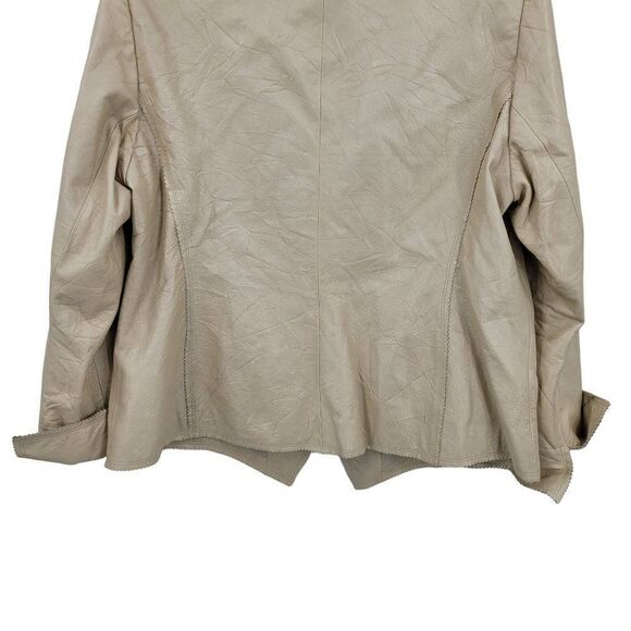 Vintage 90s Anne Klein Retro 70s Leather Jacket 1X Champaign Frayed Edges Button - Picture 12 of 14